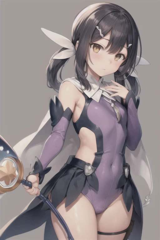 masterpiece, best quality, 1girl, miyumagirl, black hair, twintails, brown eyes, cape, detached sleeves, hair ornament, magical girl, purple leotard, holding wand, standing, solo, simple background, solid grey background