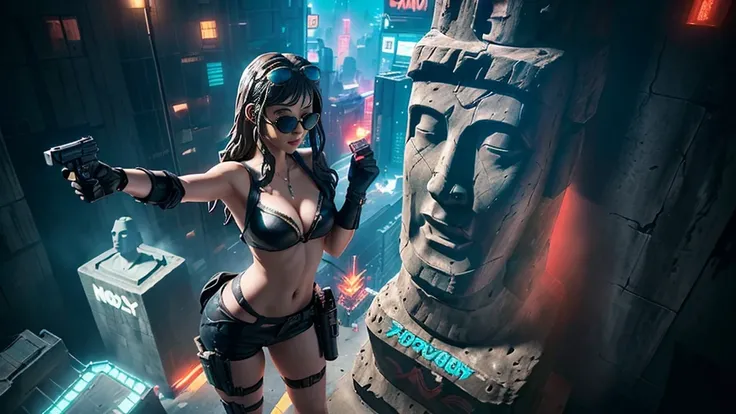 At night, dark sky, aerial view of fantasy cyberpunk style ((Moai-statue)) city, ((flying vehicle)). ((1girl, solo, alone)), photo realistic, medium-breast:1.1 slim body, cleavage, sexy clothes, (black sunglasses), (((hip-up standing and pistol aiming pose...