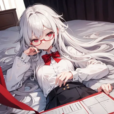 Super delicate white-haired cute girl 1 girl, Small Breasts, Long hair, curls, Red Eye, Wearing glasses , Researcher ,Lying on the stage and falling asleep