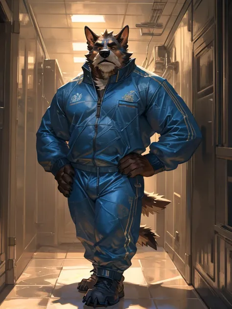 By Taran Fiddler, one man, anthro canine (terrier), adult male, elderly, slightly wrinkled face, bushy eyebrows, stern facial expression, grumpy, bushy mustache, slightly short stature, dilf, hands on his hips. standing in a hallway, wearing plain blue tra...