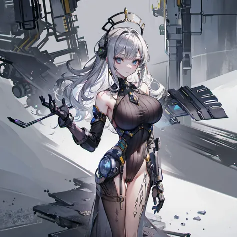 masterpiece, Highest quality, Super detailed,Perfect human body, figure,(One girl),Beautifully detailed head,Full body painting,Full Art, NSFW,high head and body,female robot,1girl,rainbow color eyes,silver skin color,Armor is deep gray color,objet head,te...