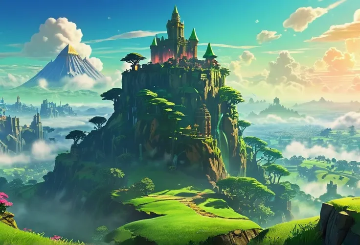 (the legend of zelda, the world of zelda, fantasy landscape, fantastical scenery, vast open world, rolling hills, lush forests, towering mountains, ancient ruins, medieval architecture, magical elements, glowing crystals, floating islands, dramatic lightin...