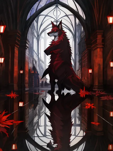 sclera，red iris，Illustration of many red wolves,,Lights and reflections, heavily clouded, Architecture of medieval Europe, Glazed tiles,Hell version of the background