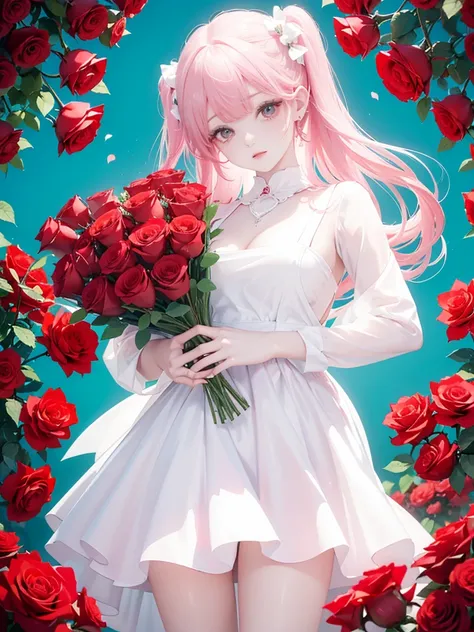 The image depicts a person holding a large, heart-shaped arrangement of red roses against a teal background. The individual is wearing a pale pink or white outfit that contrasts with the vibrant red roses. The overall scene exudes a romantic and perhaps ce...