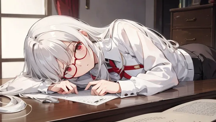 Super delicate white-haired cute girl, 1 Girl, Small Breasts, Long hair, curls, Red Eye, Wearing glasses , Researcher ,Lying on the table ,sleepy