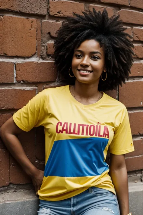 Afro woman with a Colombian national team t-shirt that says belcy
