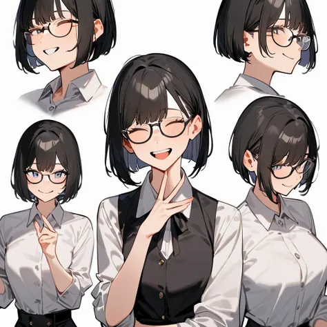 masterpiece, Highest quality, so beautiful, Absurd,
One girl, alone, Black Hair, Bobcut,
Thermont 16A, Glasses, 
Collared shirt, Happy, smile, Sticking out tongue、View your viewers, Glassesの調整, White Background, Simple Background,
 