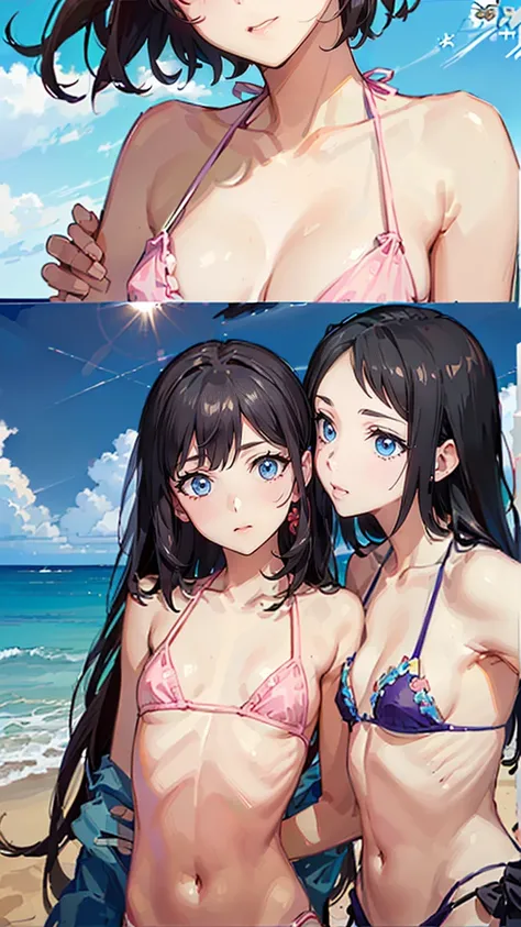 (((High resolution:1.5))), (((Very detailedな:1.5))), (((Two Girls:1.3))),((７Head to Body:1.3))、 (((beach,Outdoor、Midday light background)))、(((Happy expression))), (((smile:1.5)))、(((Beautiful and detailed eyes:1.3))), (((Very detailed))), (((Details face:...