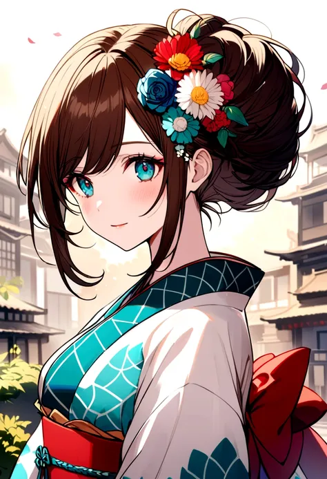 A cheerful girl who looks like the anime Gantama. Her hair is short brown, her eyes are turquoise, and she wears a kimono