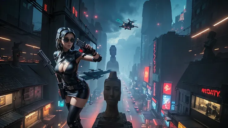 At night, dark sky, aerial view of fantasy cyberpunk style ((Moai-statue)) city, ((flying vehicle)). ((1girl, solo, alone)), photo realistic, medium-breast:1.1 slim body, cleavage, sexy clothes, (black sunglasses), (((hip-up standing and pistol aiming pose...