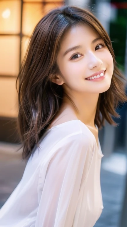 Highest quality、Japanese women、The most beautiful woman in the world、sexy、Brown Hair、Short Hair Style、Small face、Beautiful skin、night、Large breasts、White shirt、A big smile、Realistic、look back