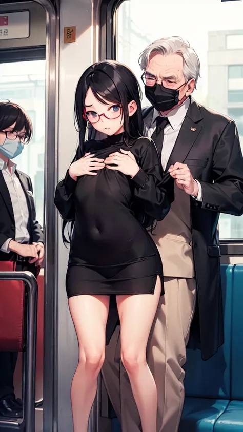 summer、in the train、thick、Sweat、、high school girl、summer服のセーラー服、、Low length、(((((Eyes hidden by long bangs)))))、(((Long black hair:1.2　hair band)))(((Black-rimmed glasses:1.2　black eye)))、Strong sunlight、thicksummerの昼間、Crowded train、Look at this、Front view...