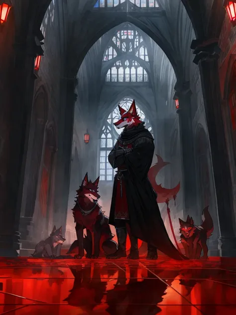 furry,sclera，red iris，Illustration of many red wolves,,Lights and reflections, heavily clouded, Architecture of medieval Europe, Glazed tiles,Hell version of the background