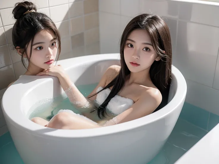 A 17-year-old woman is in the bathtub. The bathtub is full of white soap bubbles. The woman has long hair and big eyes. Her face is small and has a very thin face shape. The nose is clearly sharp, and the mouth is small and plump. The height of the water i...