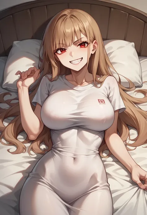 ((masterpiece)), (Highest quality), (detailed), (1 Girl),,Red eyes,Light brown hair、Long Hair、Wolf Ear、,bed、Large Breasts、Grin、T-Shirts(tight)Maxi Dresses