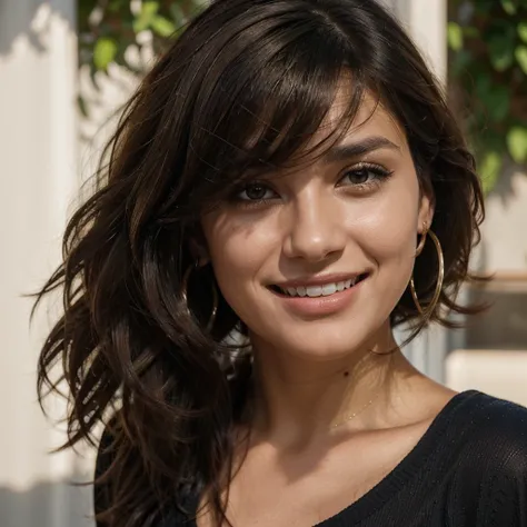 A portrait of a woman with medium-length, tousled dark hair and highlights. She has a beaming smile and is wearing a black top with large hoop earrings. The image has a warm, natural lighting and a clean, hyper realistic skin texture and details