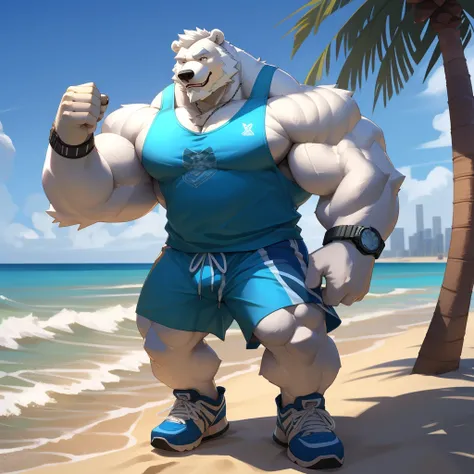 huge muscular polar bear dad in street city, big smile, polar bear, huge white fur, thick arm, huge arm, bearded. white hair and beard, bearded, (muscular, pectoral, wide pectoral, thick arms), beach, palm, realistic, 8k, masterpiece, (wearing blue gym sho...