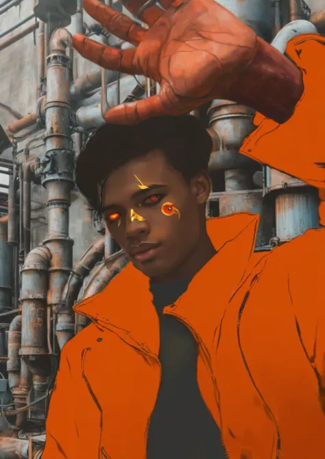 a young man with glowing red eyes and golden facial markings, dressed in an eye-catching orange coat that makes him stand out against the metallic and industrial background.