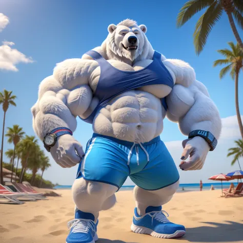 huge muscular polar bear dad in street city, grinning, polar bear, huge white fur, thick arm, huge arm, bearded. white hair and beard, bearded, (muscular, pectoral, wide pectoral, thick arms), beach, palm, realistic, 8k, masterpiece, (wearing blue gym shor...