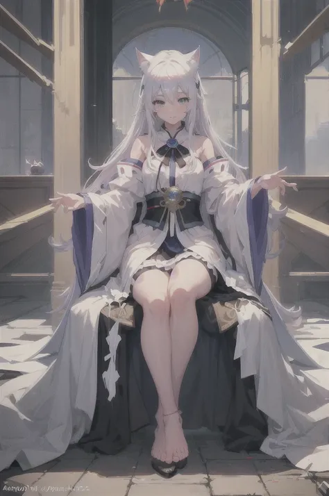 Anime character with white hair and blue eyes sitting on a chair, Cat ears、crown、The delicate prince, Beautiful Prince, ((wearing a noble robe)), 詳細なKey Anime Art, Royal elegant pose, artstation pixivでトレンド, Key Anime Art, Zerochan Art, Very detailed fan ar...