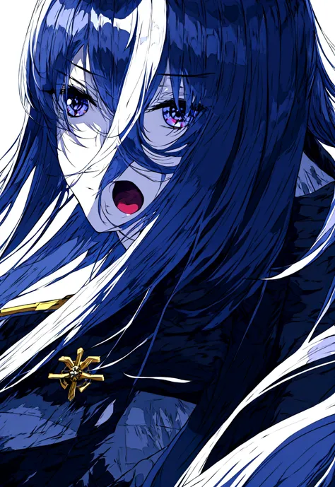 anime military dark blue uniform long white hair black eyes evil look