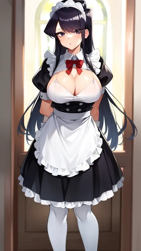 (highres), (absurdres), (best quality), (high quality), (masterpiece), 1girl, komi_shouko, purple eyes, long hair, hair over one eye, very long hair, purple hair, (large breasts1:2), hair ribbon, maid, maid headdress, apron, frills, frilled apron, puffy sl...