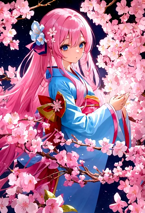 Long, straight pink hair, hair intake, Droopy eyes 1:2, blue eyes, Pink kimono, white ruffles, woman with cherry blossom flower pattern, star hairpin