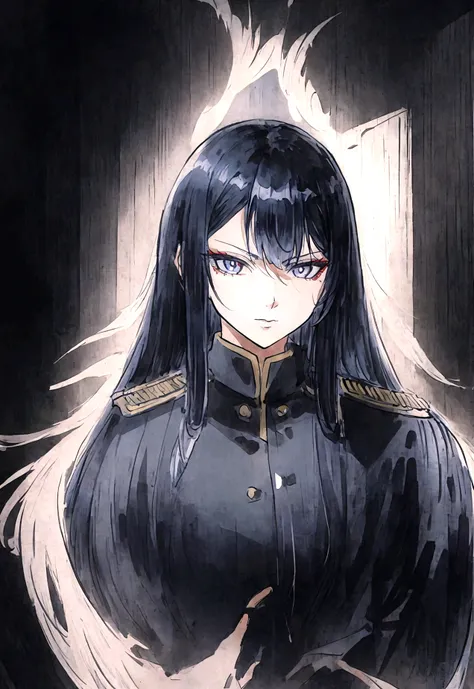 anime military dark blue uniform long white hair black eyes evil look