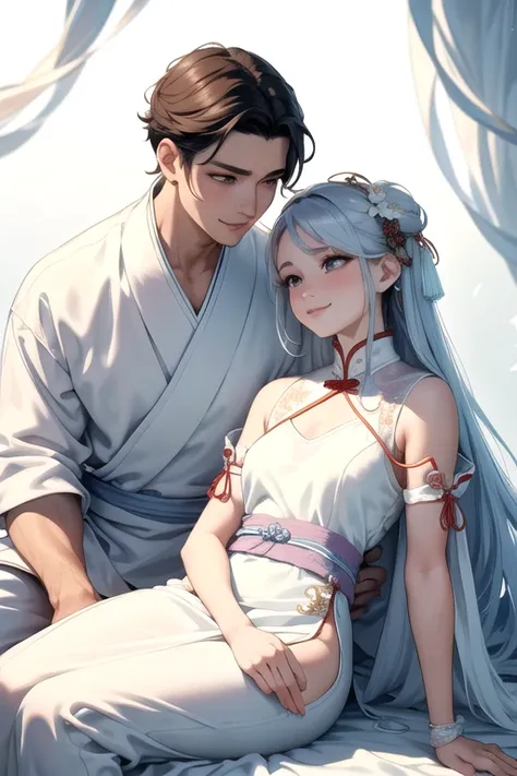 (um casal, linda), big watery eyes, gazing at each other, smiling and wearing white clothes, delicate hair, an ancient chinese b...