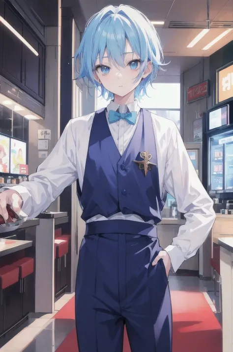 Anime young man dressed as a bartender, Light blue hair and light blue eyes, HD Anime, 4k anime wallpaper