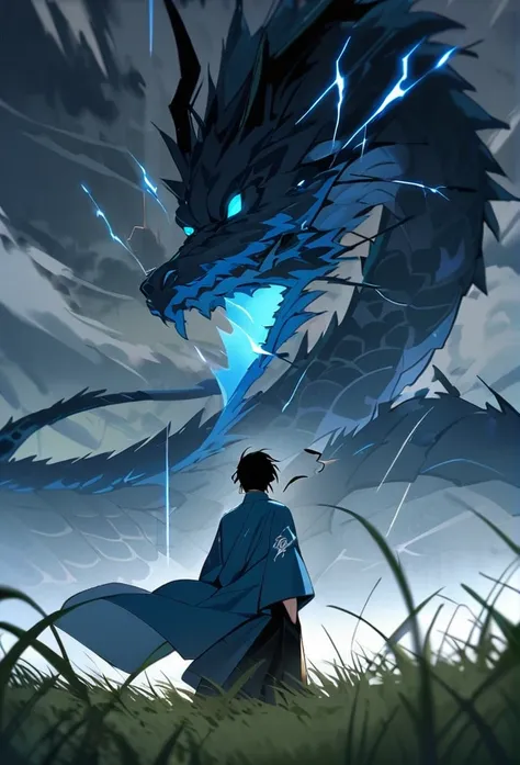 A man with long black hair and a blue kimono is standing in front of me.。Hair fluttering in the wind。A violent lightning strike with a blue glow behind it。rain。grassland。Night Sky。Big thunder。Oriental dragon flying in the sky