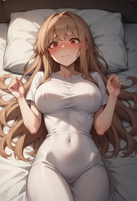 ((masterpiece)), (Highest quality), (detailed), (1 Girl),,Red eyes,Light brown hair、Long Hair、Wolf Ear、,bed、Large Breasts、Embarrassed、blush、T-Shirts(tight)Maxi Dresses