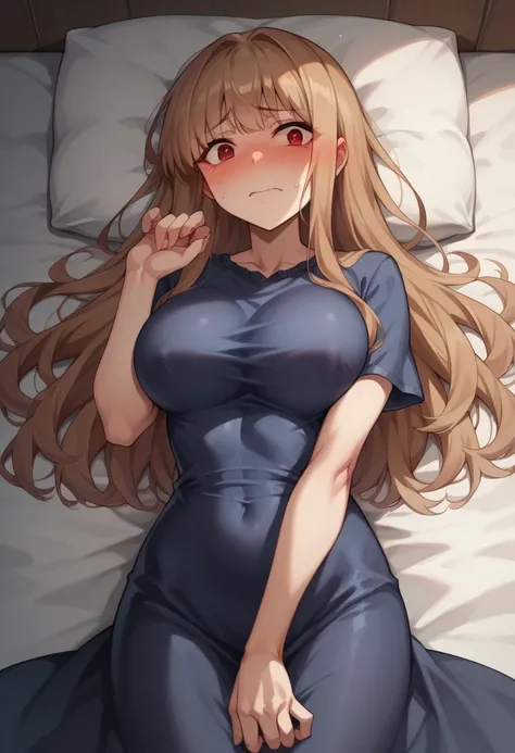 ((masterpiece)), (Highest quality), (detailed), (1 Girl),,Red eyes,Light brown hair、Long Hair、Wolf Ear、,bed、Large Breasts、Embarrassed、blush、T-Shirts(tight)Maxi Dresses