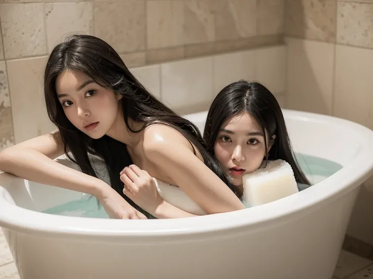 A woman in her 20s is in a bathtub. The bathtub is full of white soap bubbles. The woman has long hair and big eyes. The face is small and has a very round face shape. The nose is clearly big and thick, and the mouth is large and thick. The height of the w...