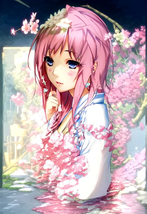 Long, straight pink hair, hair intake, Droopy eyes 1:2, blue eyes, Pink kimono, white ruffles, woman with cherry blossom flower pattern, star hairpin