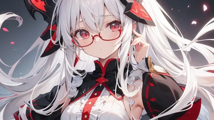 Super delicate white-haired cute girl, 1 Girl, Small Breasts, Long hair, curls, Red Eye, Wearing glasses , Researcher  , feel sad