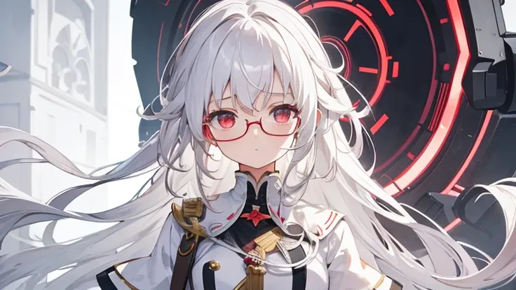 Super delicate white-haired cute girl, 1 Girl, Small Breasts, Long hair, curls, Red Eye, Wearing glasses , Researcher  , feel sad