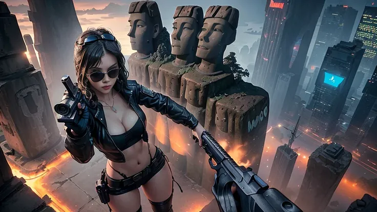 At night, dark sky, aerial view of fantasy cyberpunk style ((Moai-statue)) city, ((flying vehicle)). ((1girl, solo, alone)), photo realistic, medium-breast:1.1 slim body, cleavage, sexy clothes, (black sunglasses), (((hip-up standing and pistol aiming pose...