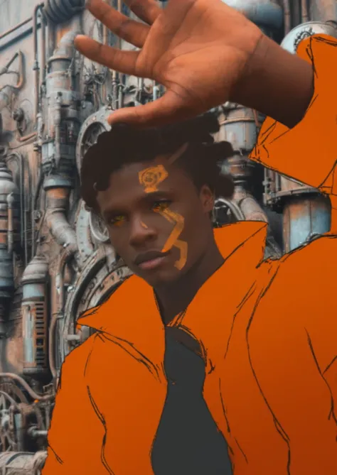 sci fi movie scene, of a young man with short  twist locks, twist dreadlocks  and marking on his face and orange eyes wearing a orange suite,steam punk background