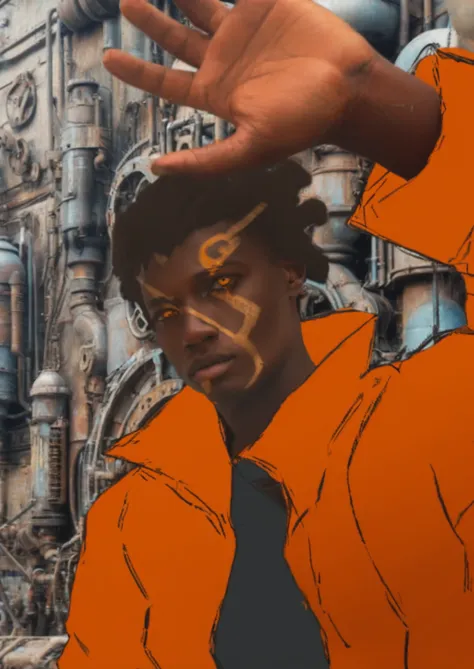 sci fi movie scene, of a young man with short  twist locks, twist dreadlocks  and marking on his face and orange eyes wearing a orange suite,steam punk background