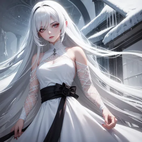 A very gorgeous lady with a dark crimson dead eyes, with a very long snowy white hair and her eyelashes are snowy white with a ruthless arrogant look, wearing a white dress with a black cloak.