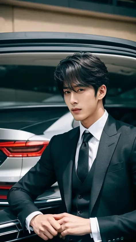 A breathtakingly handsome and charismatic guy, wearing a tailored, fitted suit, leaning against a sleek, luxurious sports car, with a confident and seductive expression on his face as he gazes at the camera with a hint of mystery."