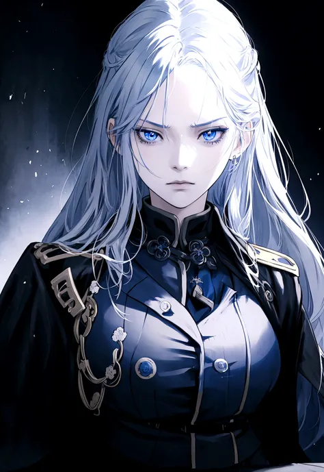 intricate detailed anime girl,1girl,dark blue military uniform,long white hair,black eyes,intense evil expression,dramatic lighting,moody dark blue color palette,highly detailed,photorealistic,8k,masterpiece,cinematic,dramatic pose