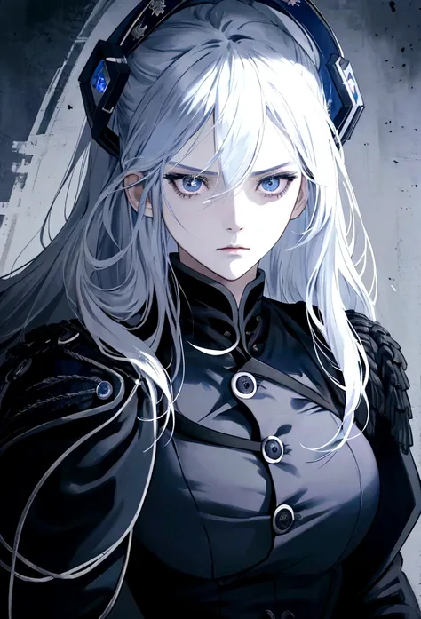 intricate detailed anime girl,1girl,dark blue military uniform,long white hair,black eyes,intense evil expression,dramatic lighting,moody dark blue color palette,highly detailed,photorealistic,8k,masterpiece,cinematic,dramatic pose