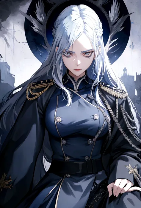 intricate detailed anime girl,1girl,dark blue military uniform,long white hair,black eyes,intense evil expression,dramatic lighting,moody dark blue color palette,highly detailed,photorealistic,8k,masterpiece,cinematic,dramatic pose