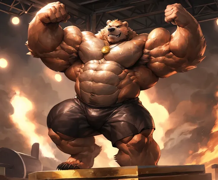 human nature, cannon, male, solitary, ((the strong，Handsome)), (Grizzly Bear), Chibo，Six-pack abs，(Athletics，podium)，flexing victory，Black shorts，Sweat:1.3，gold metal:2.1, high quality, (4K,high quality, high resolution, masterpiece), cartoon,by lindong