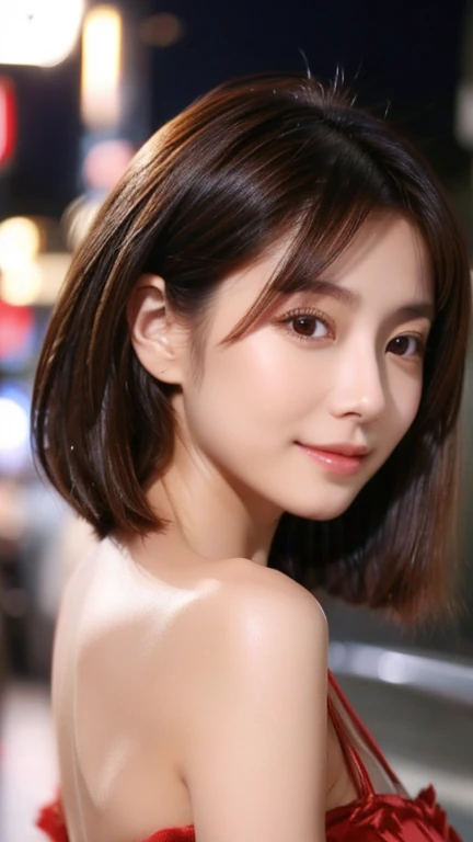 Highest quality、Japanese women、The most beautiful woman in the world、sexy、Brown Hair、Short Hair Style、Small face、Beautiful skin、night、Large breasts、Realistic、Brush your hair back、Red Dress、sexyな表情