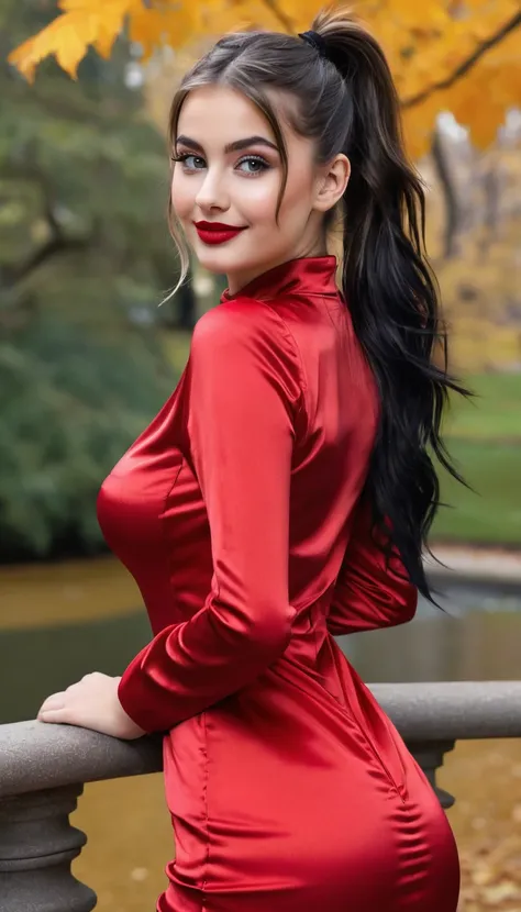 ultrarealistic high quality fullbody photo of a beautiful busty slim european 19-year-old mwoman with cute hyperdetailed shy face and dyed black long messy ponytail hair and happy face, realistic round hazel eyes, red lips, dark eye makeup with eyeliner, w...