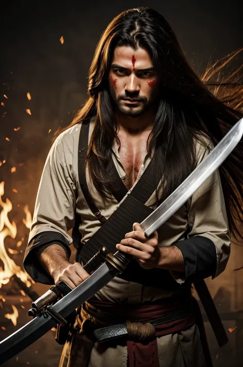 Long haired Guy with small katana weapon filled with blood in his face 