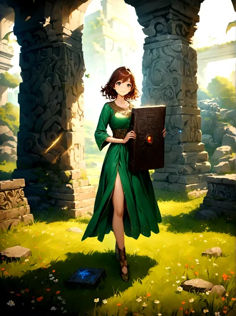 Adventurer princess, (green dress:1.2), short brown hair, big eyes, smiling, holding sword and shield, ancient temple, mysterious maze, mysterious runes, old stone tablet, green grass, (flowers:1.1), magical elements, flying dragon, mysterious creatures, c...